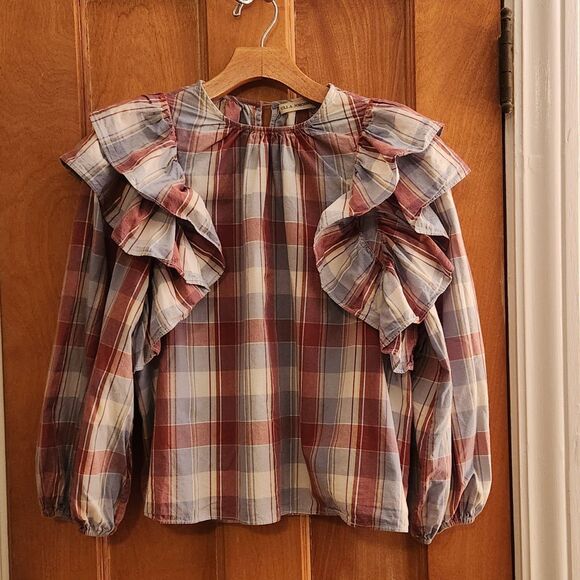 Ulla Johnson Caasi 100% Cotton Ruffled Plaid Blouse in Colorful Madras, Sz 6 - Picture 6 of 14